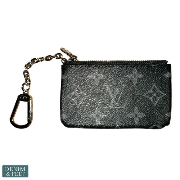 Louis Vuitton Monogram Canvas Key Pouch Coin Card Holder Chain Black~Grey - Picture 2 of 11